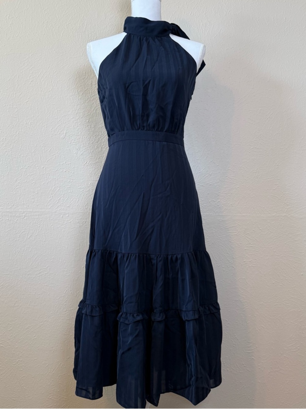 Aqua Navy Halter Maxi Dress with Tiered Skirt